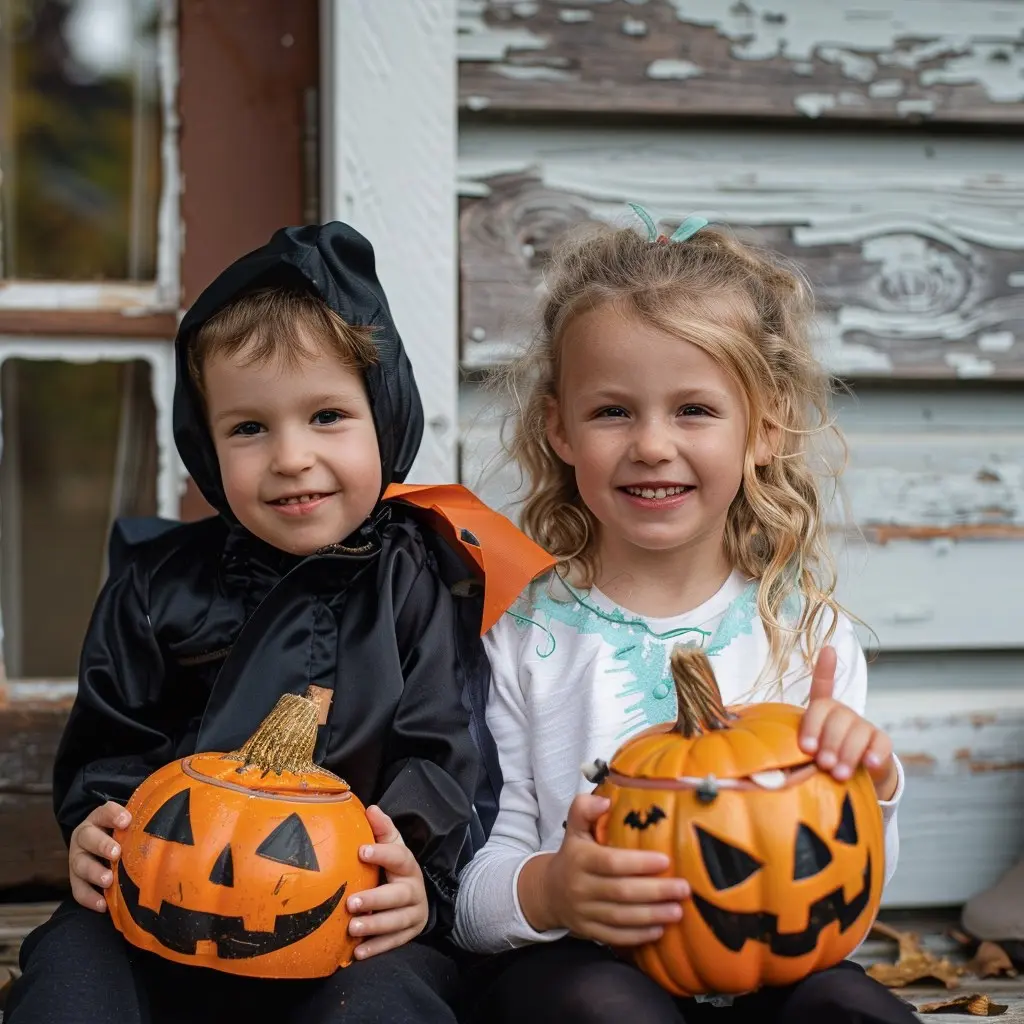 utklädda barn på halloweenkalas med pumpor