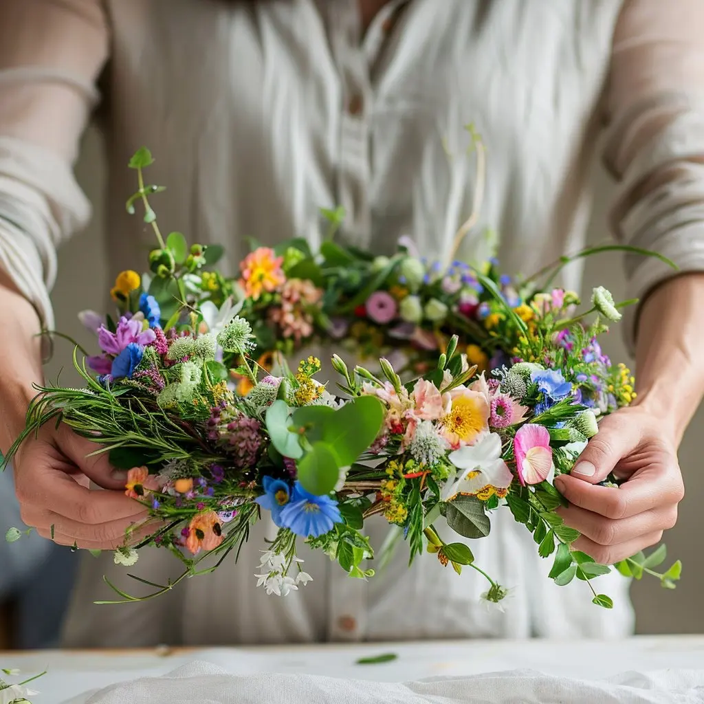 en bunden midsommarkrans med olika blommor