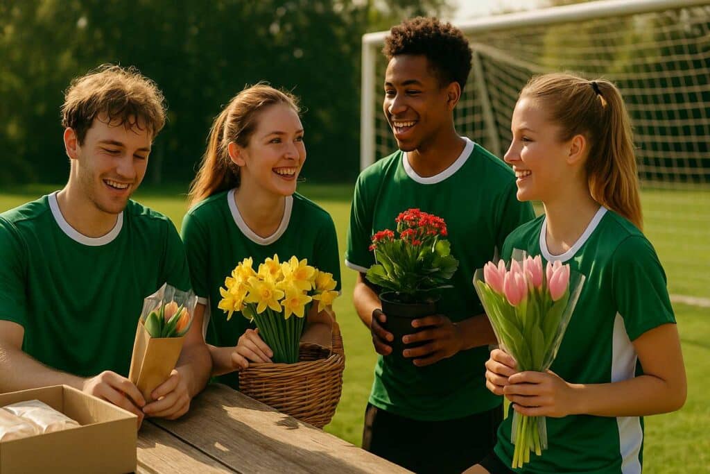 ungdomar som säljer blommor för att fylla på föreningskassan