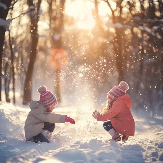 barn som leker i snön under julen