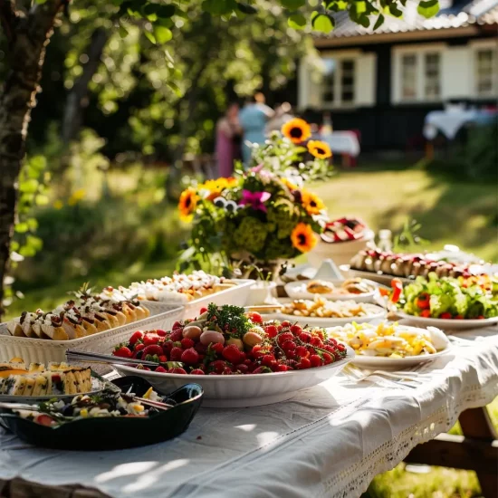 god midsommarmat uppdukat på ett bord utomhus