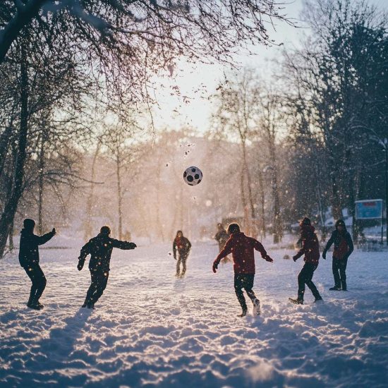 fotbollsförening som spelar fotboll i snön under julen