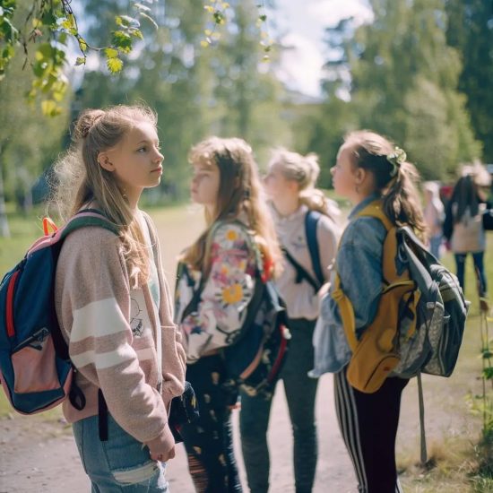 skolklass som är på utflykt med ryggsäckar