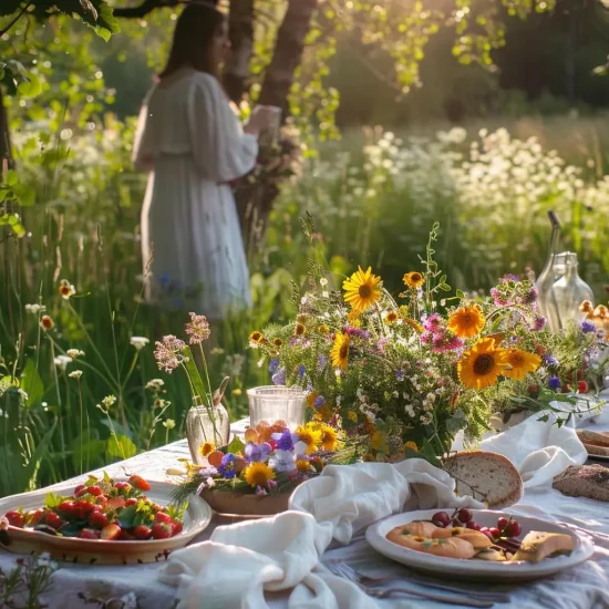 midsommarmat på ett bord utomhus med blommor