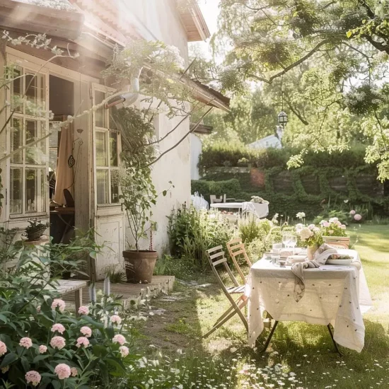 uppdukat bord utomhus i en blommande trädgård